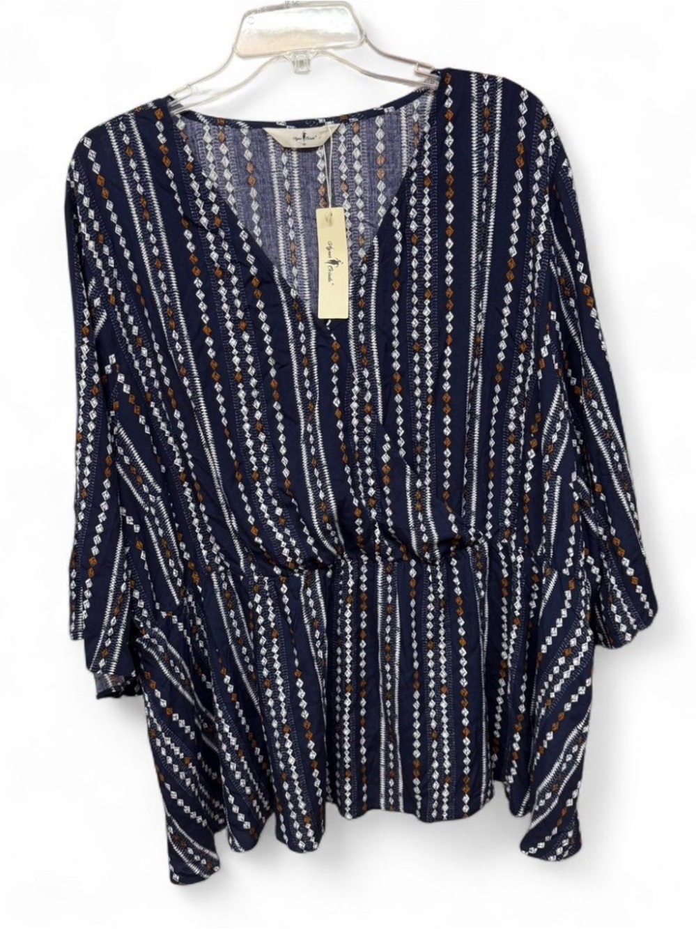 Agnes Orinda Plus Size 4X Geometric Peplum Blouse Navy Boho Wrap V-Neck NWT